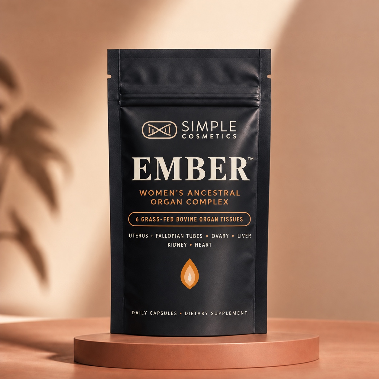 Ember Women’s Ancestral Organ Complex pouch: 6 grass-fed bovine organ tissues (uterus and fallopian tubes, ovary, liver, kidney, heart), daily capsules, dietary supplement