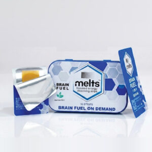 Melts Brain Fuel tin and opened sachet with dissolving strip