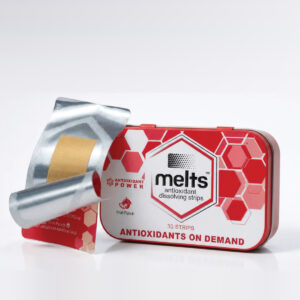 Melts Glutathione tin and opened sachet with dissolving strip