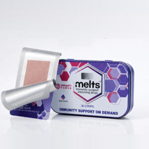 Melts Immunity tin and opened sachet with dissolving strip