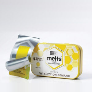 Melts NAD+ tin and opened sachet with dissolving strip