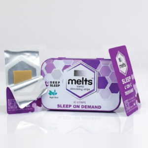 Melts Sleep tin and opened sachet with dissolving strip