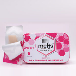 Melts Vitamin D3 and K1 K2 tin and opened sachet with dissolving strip