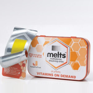 Melts Vitamins on Demand tin and opened sachet with dissolving strip